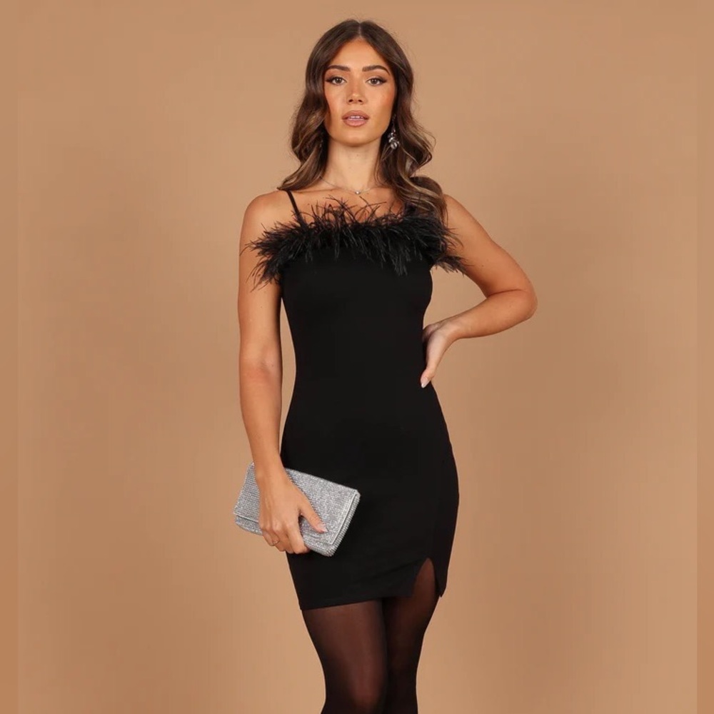 Olive feather trim mini dress in black